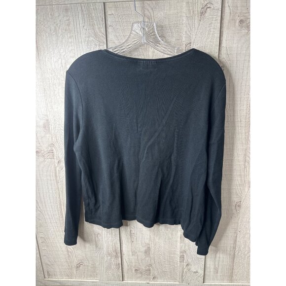 Charter Club Petite Large Womens Black Ribbed V Neck Top Button White Insert - Picture 2 of 6